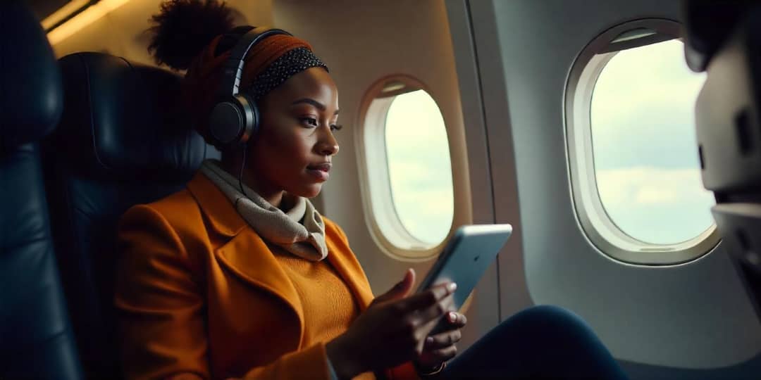 Young woman on an airplane using a tablet with headphones on.