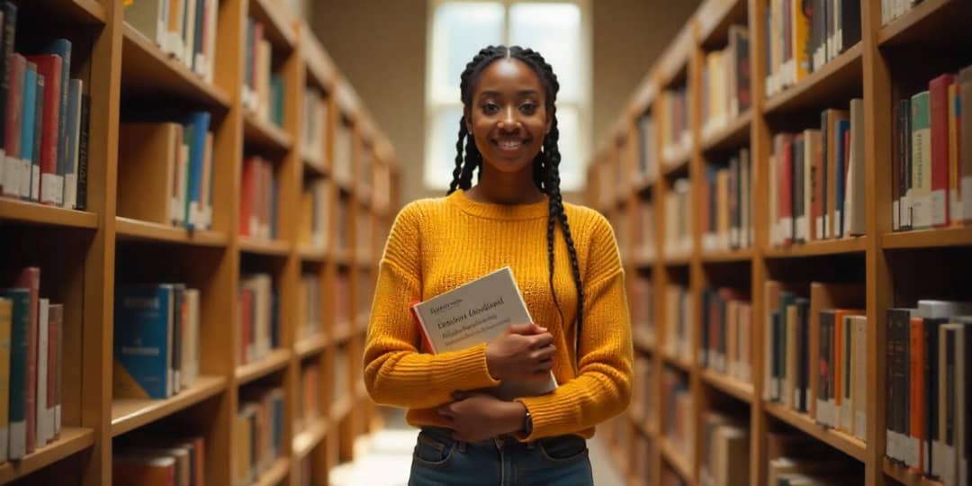 A student smiling in a library while holding a book.