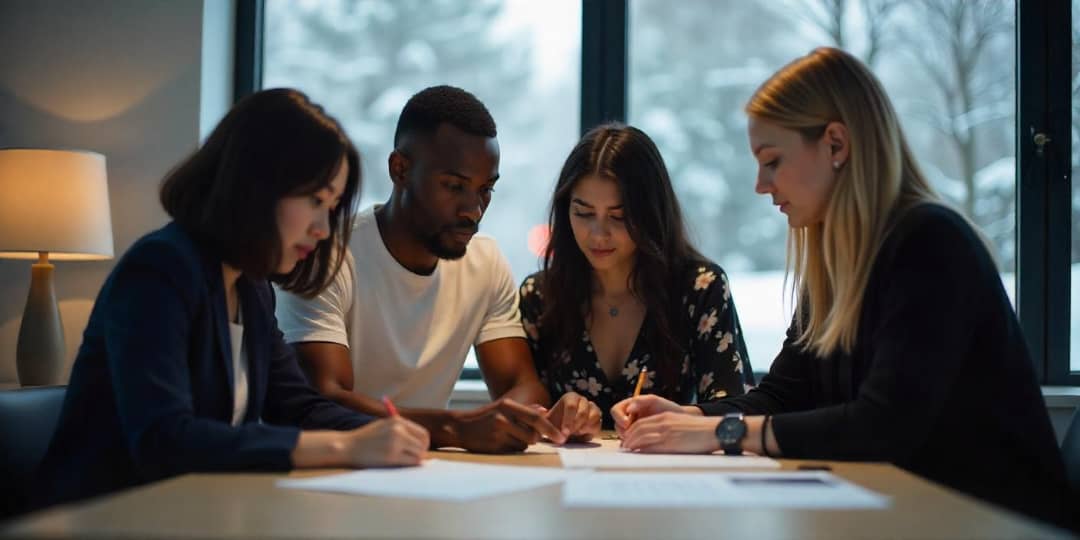 A diverse group of students collaborating and reviewing documents at a table.