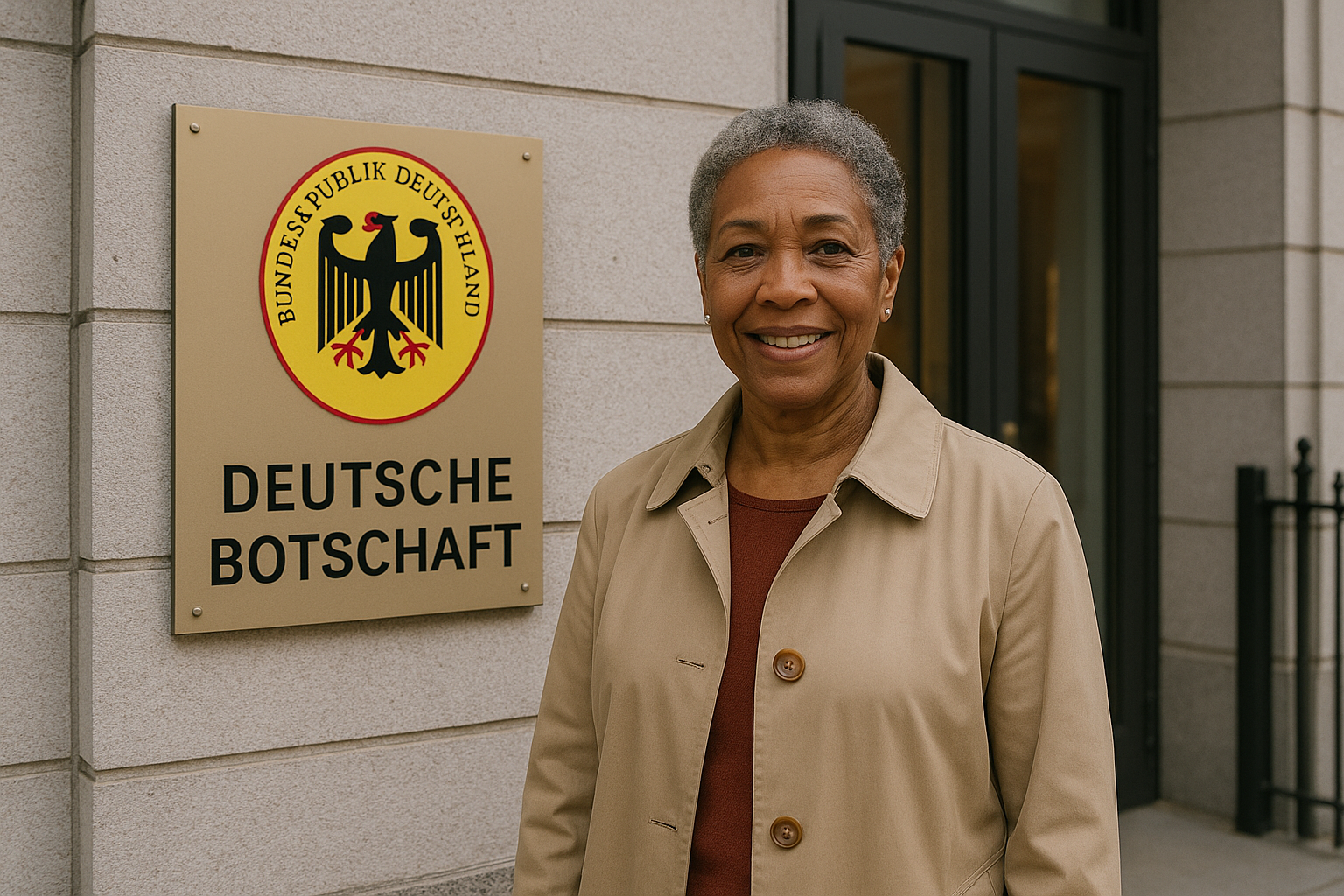 A woman smiling in front of the German Embassy.