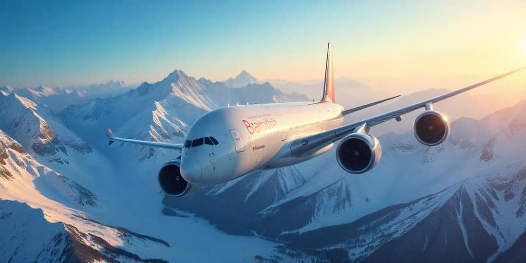 An airplane flying over snowy mountains at sunset.