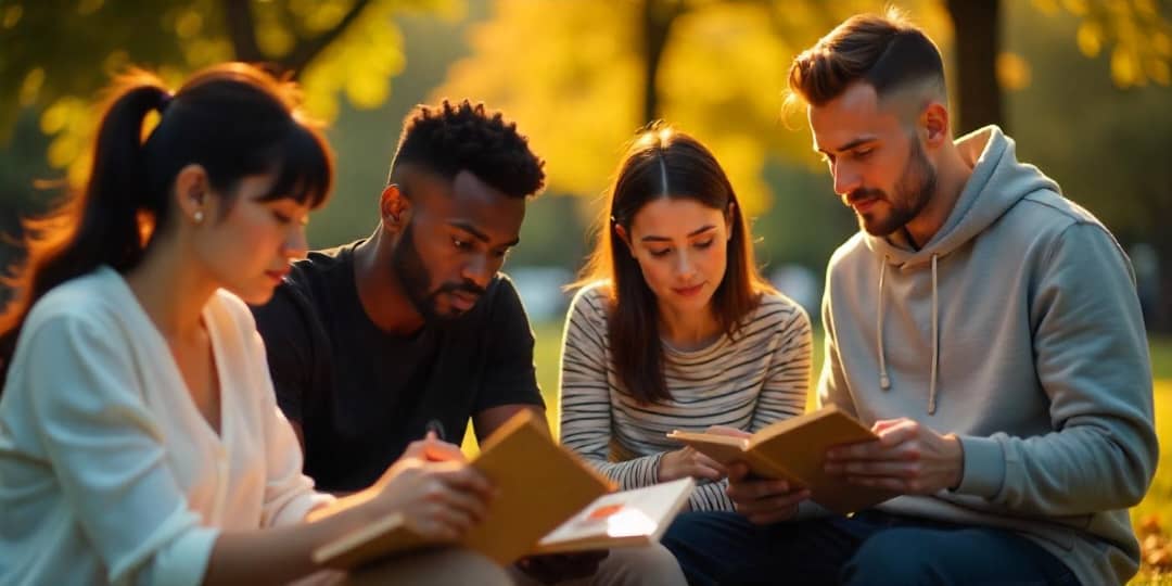 Students studying together in a park.